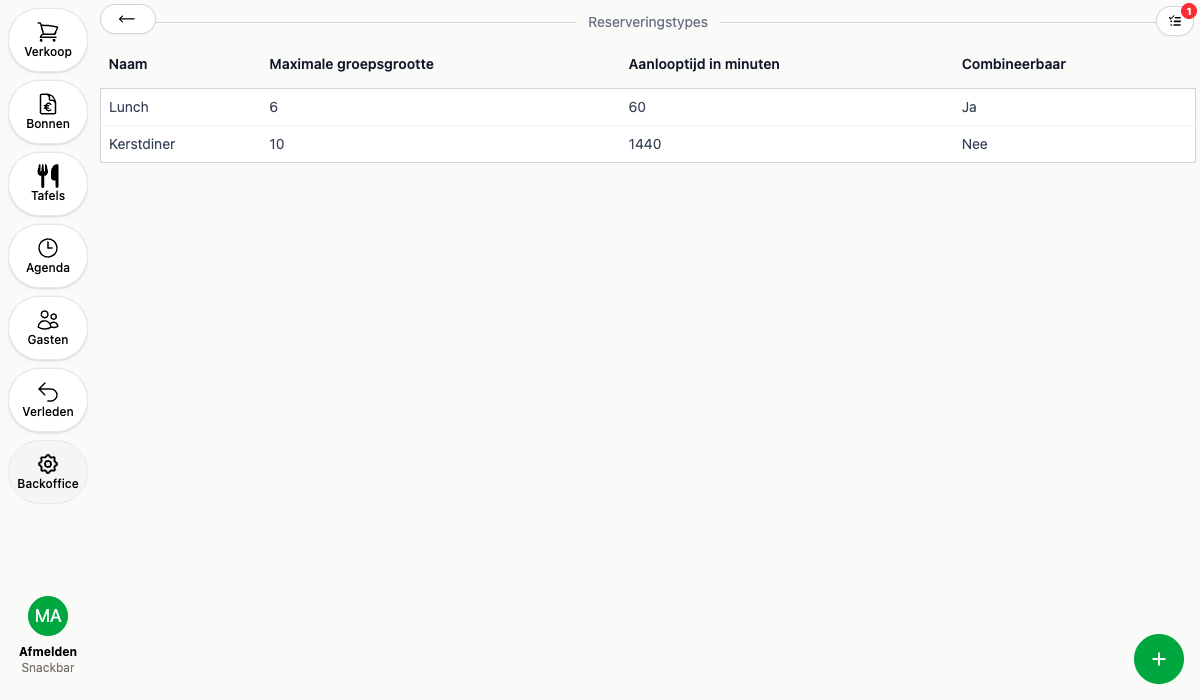 De reserveringstypes in de backoffice
