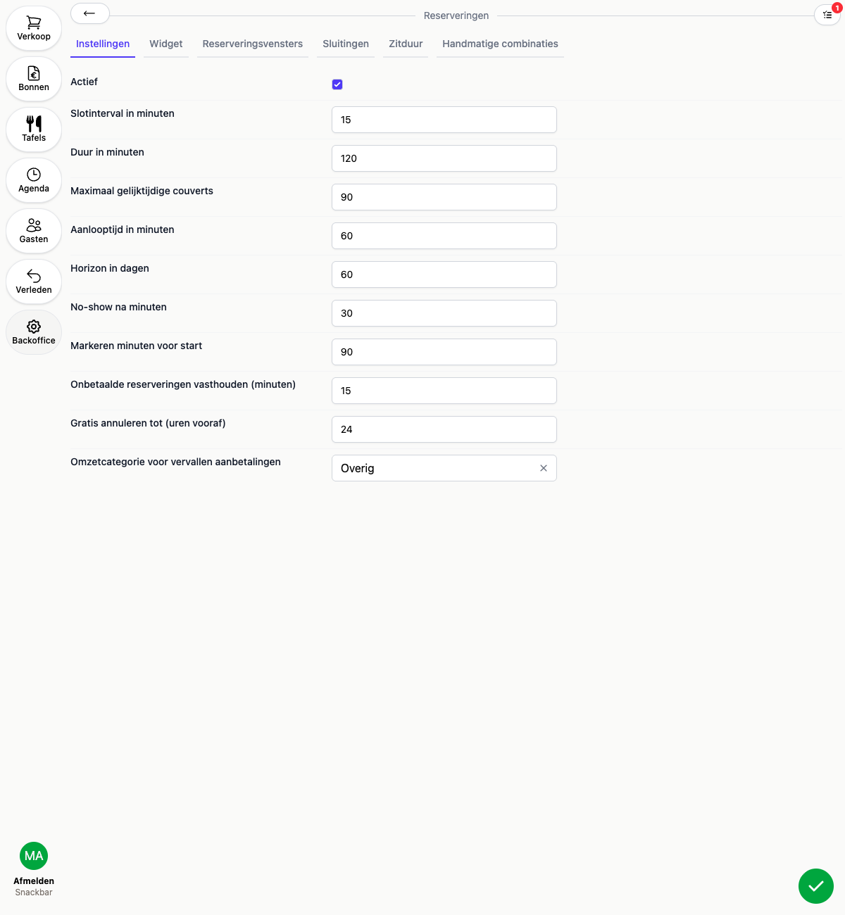 The reservation settings in the Backoffice