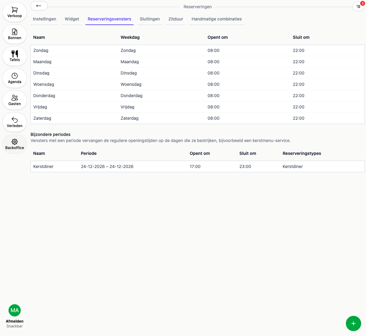 The booking windows in the Backoffice