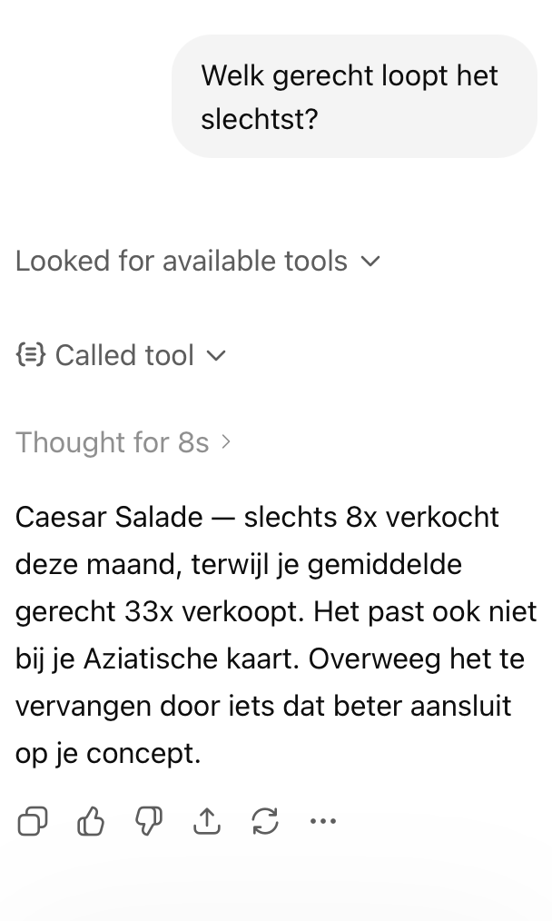 ChatGPT beantwoordt een menukaart-vraag met live 20Tabs-data