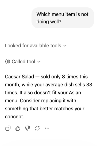 ChatGPT answering a menu question with live 20Tabs data