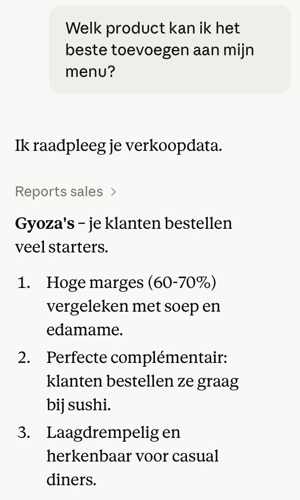 Claude geeft menukaart-advies met live 20Tabs-data