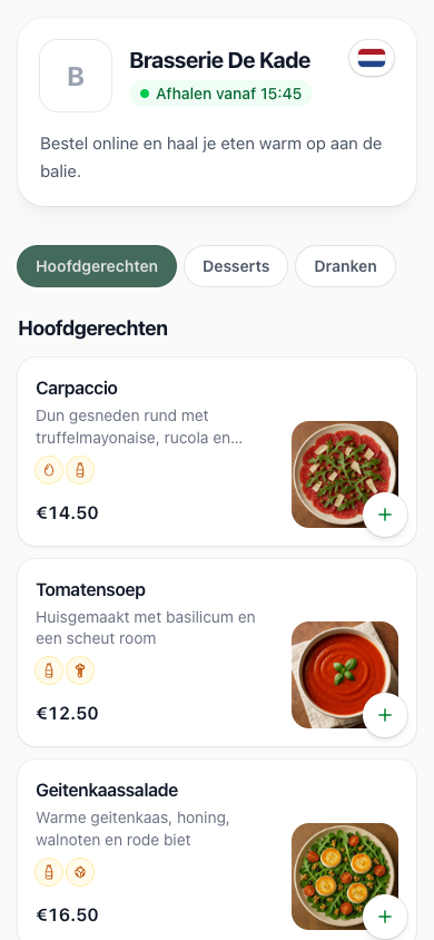 The online menu with a photo, description and allergens for every dish