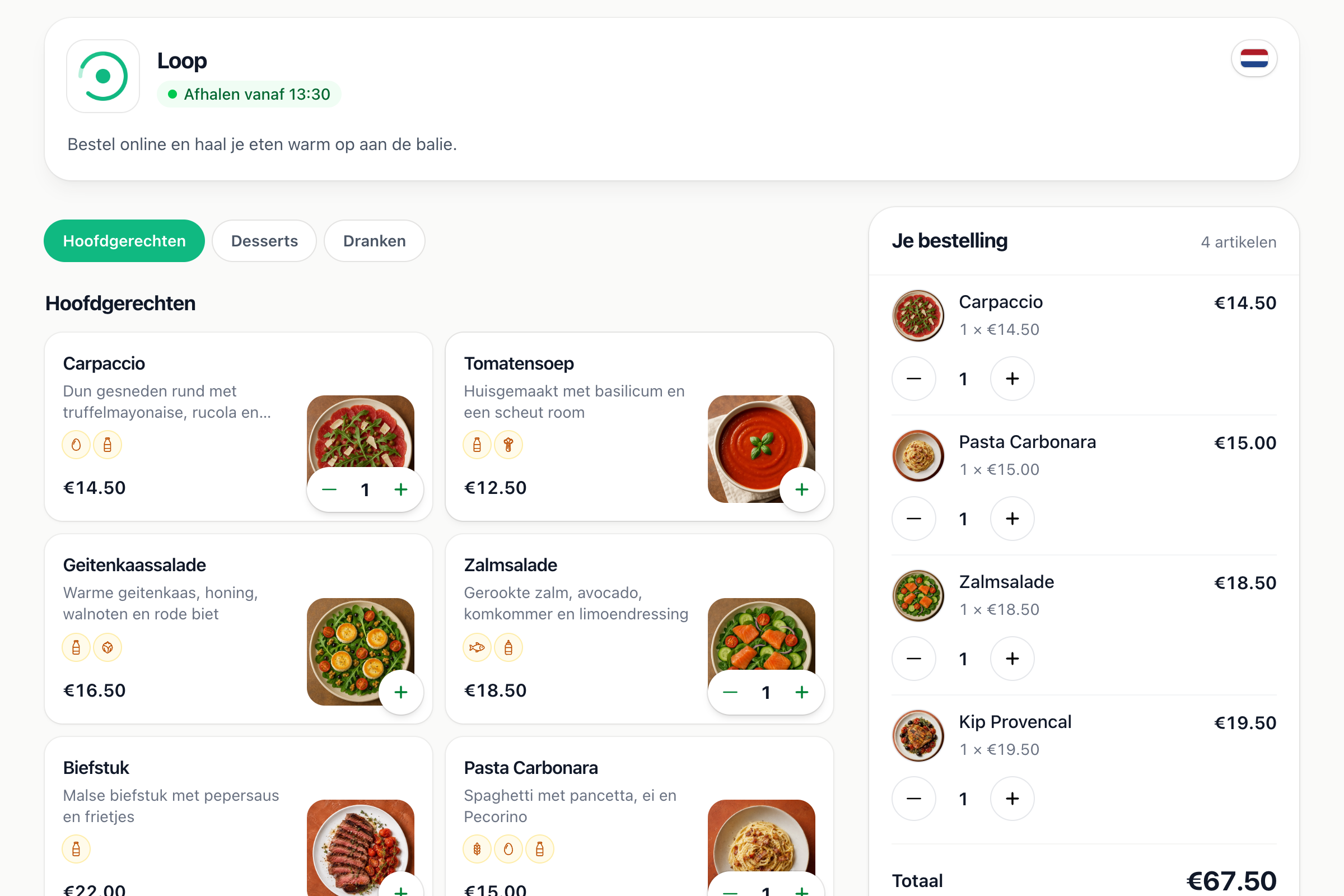 De online bestelpagina met het menu en een bestelling