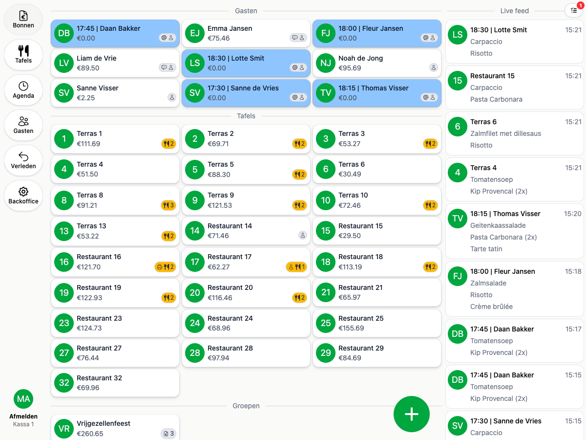 The POS with takeout orders by guest name and pickup time, at the top of the overview