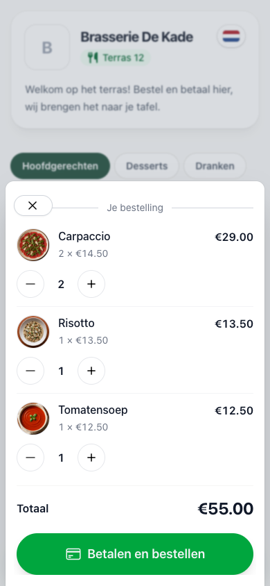 De bestelling van tafel Terras 12, klaar om te versturen