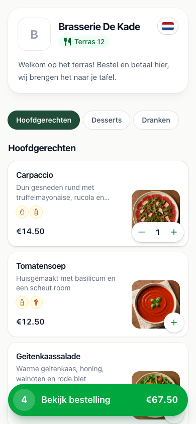Het menu dat een gast ziet na het scannen van de QR-code op tafel Terras 12