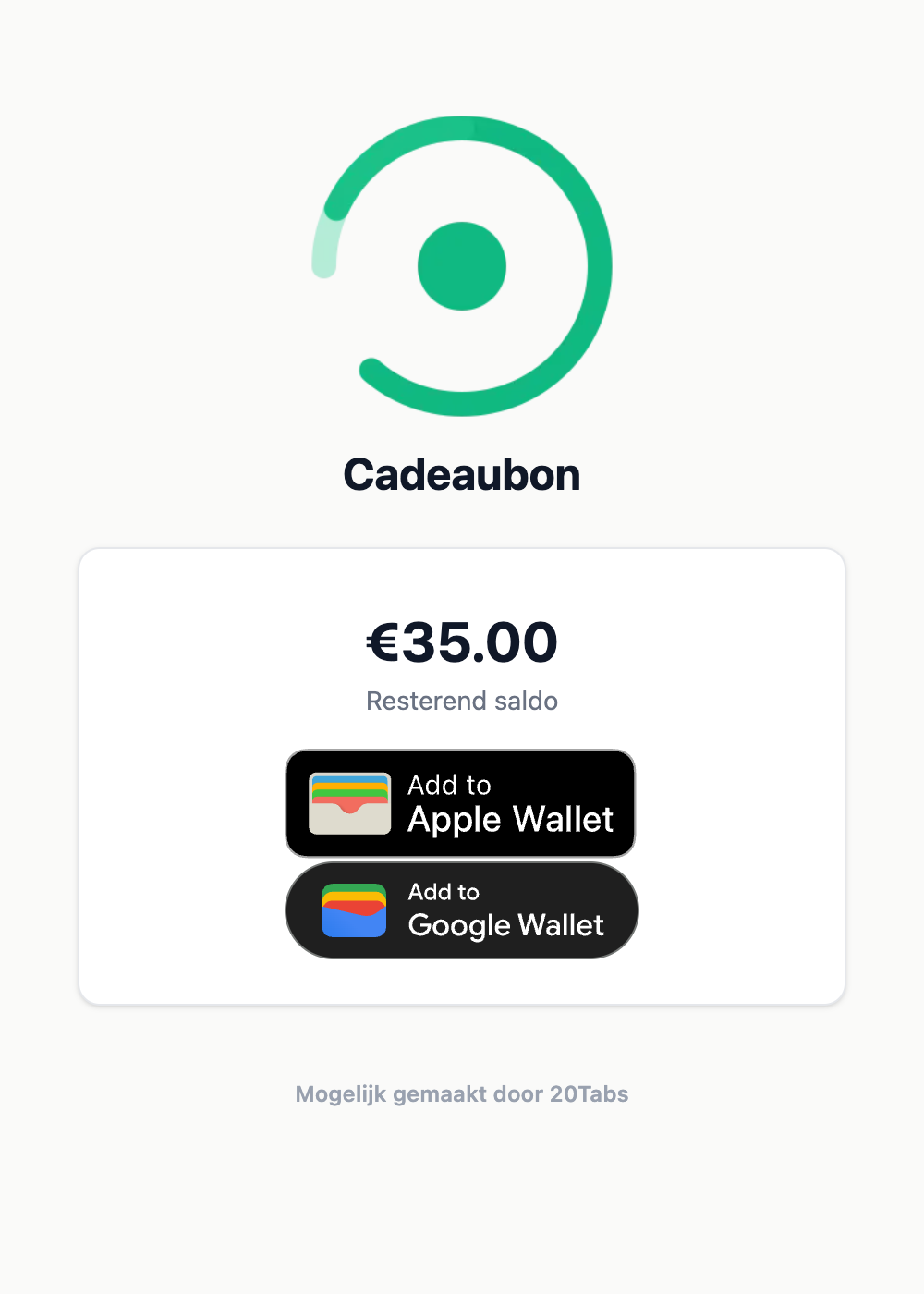 Het saldo van een cadeaukaart, met knoppen voor Apple en Google Wallet